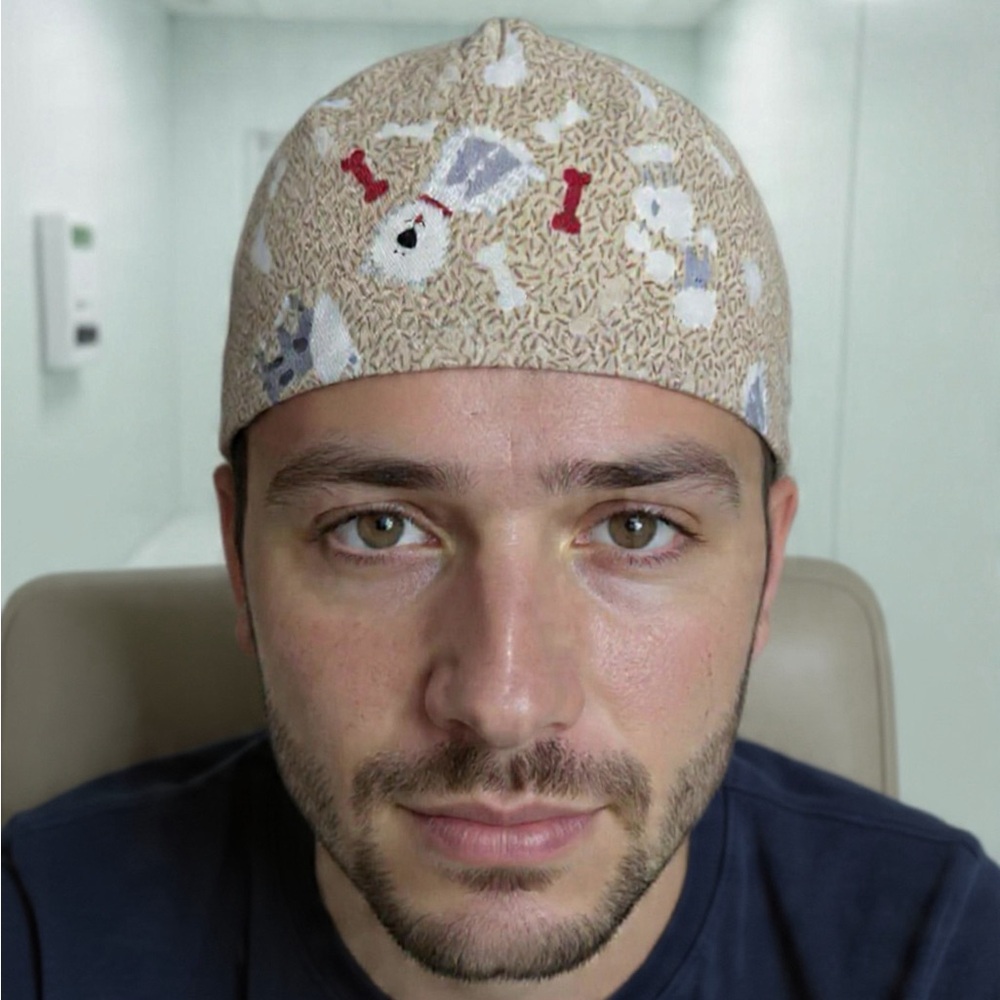 Beige Scrub Cap with White Dog Pattern